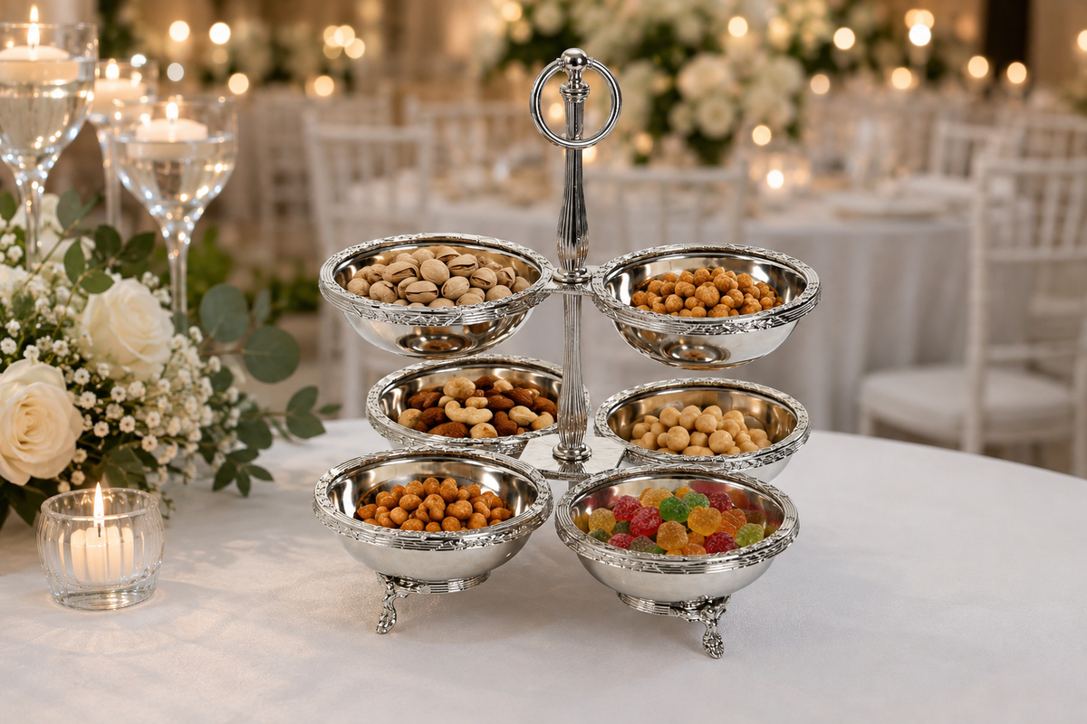 Antique 6 Bowl Snack, Condiment Serving Stand – Gold Silver Vintage