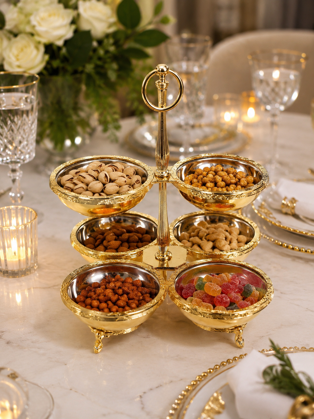 Antique 6 Bowl Snack, Condiment Serving Stand – Gold Silver Vintage