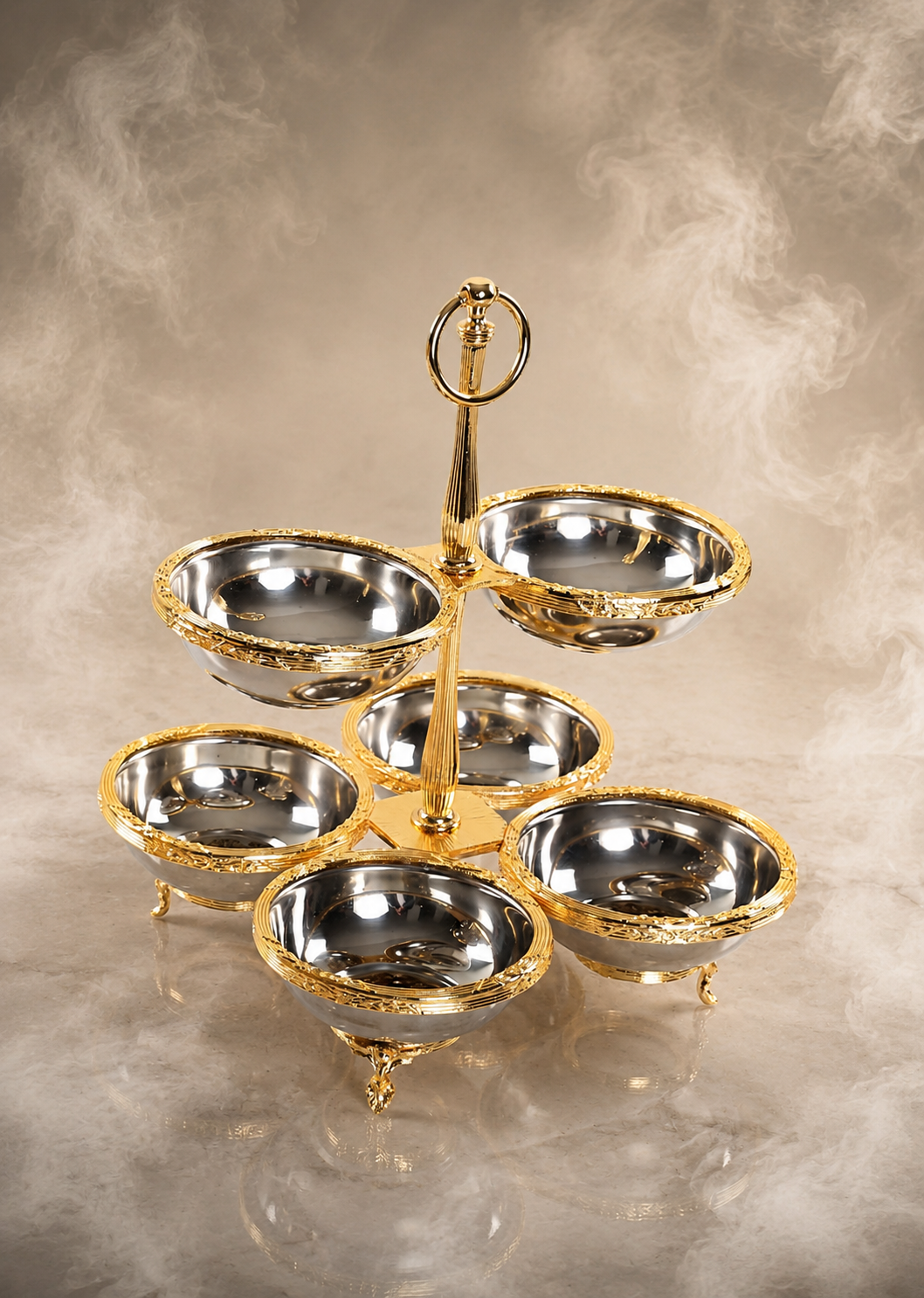 Antique 6 Bowl Snack, Condiment Serving Stand – Gold Silver Vintage