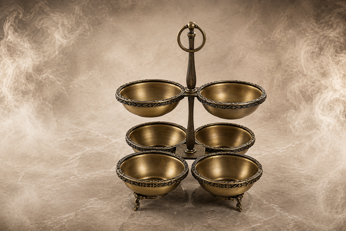 Antique 6 Bowl Snack, Condiment Serving Stand – Gold Silver Vintage