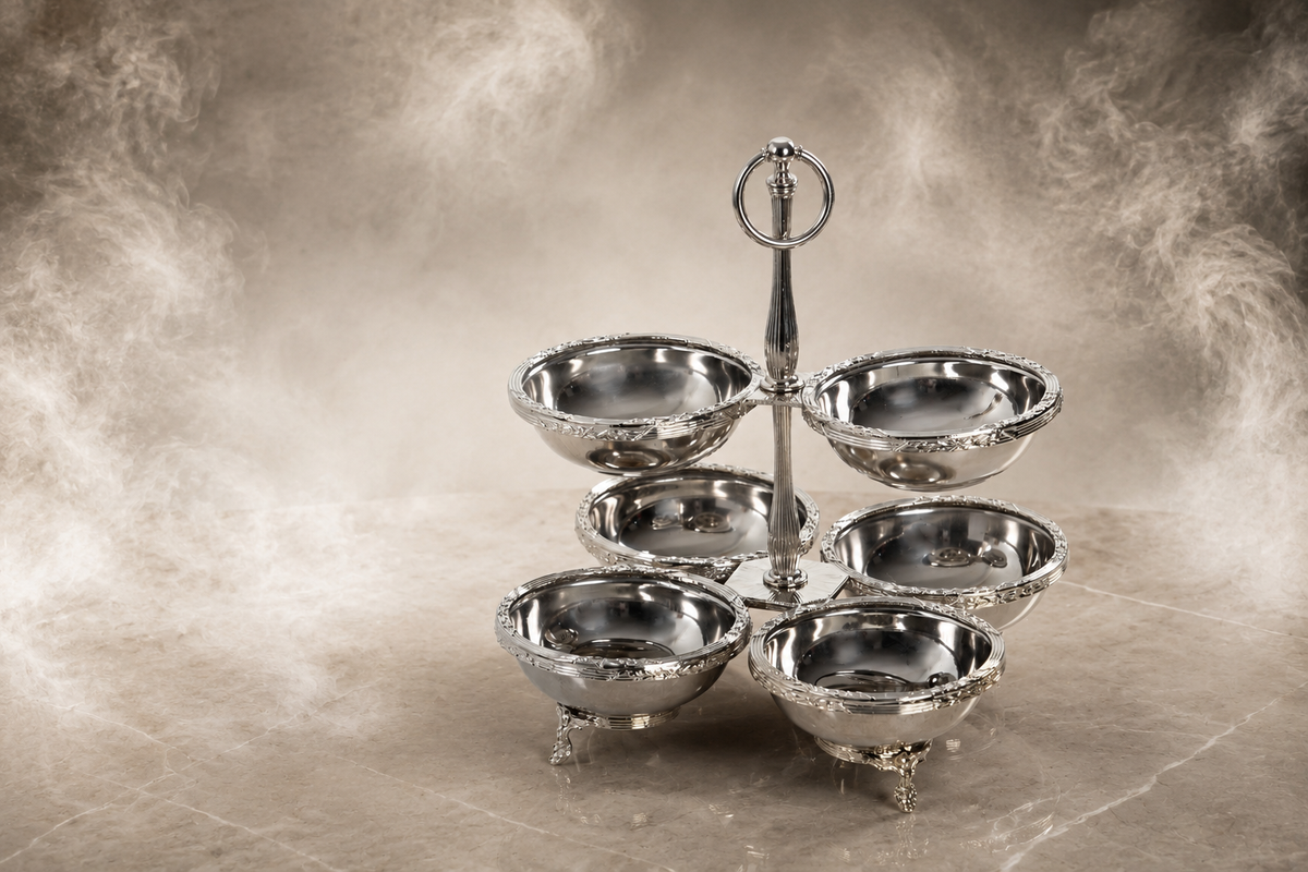 Antique 6 Bowl Snack, Condiment Serving Stand – Gold Silver Vintage
