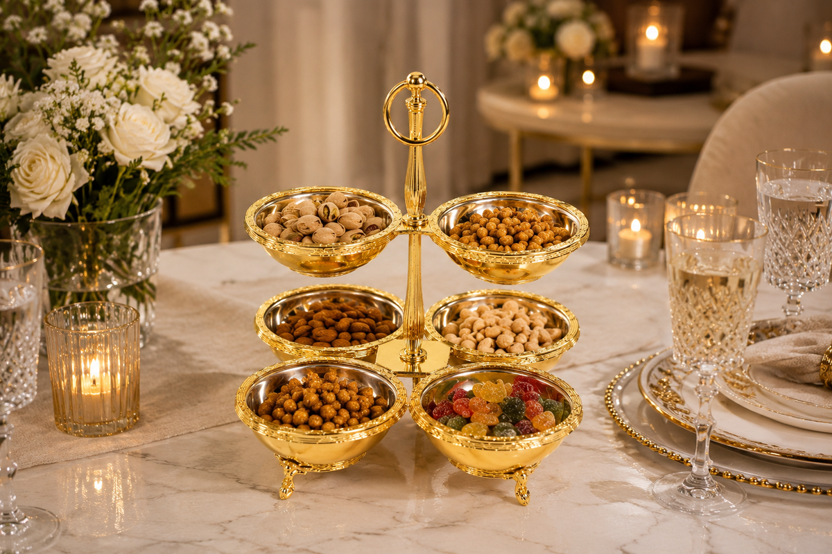 Antique 6 Bowl Snack, Condiment Serving Stand – Gold Silver Vintage