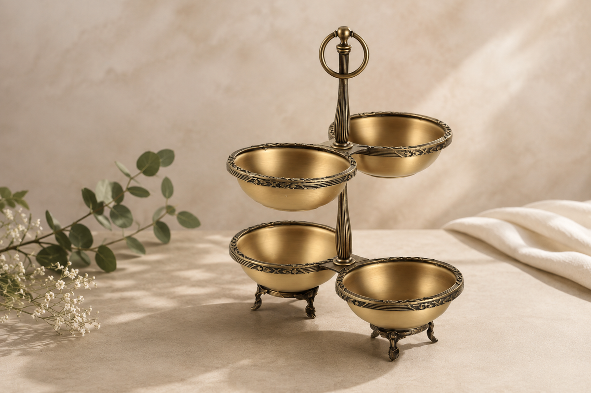 Antique 4 Bowl Snack, Condiment Serving Stand – Gold Silver Vintage