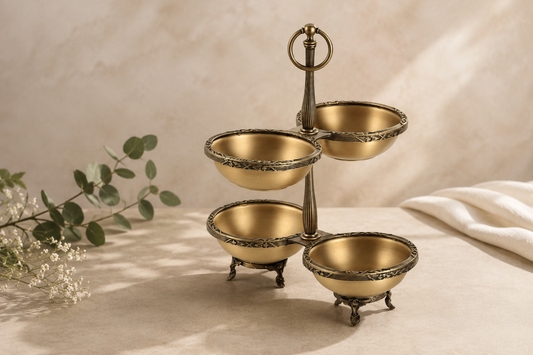Antique 4 Bowl Snack, Condiment Serving Stand – Gold Silver Vintage