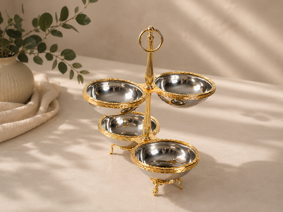 Antique 4 Bowl Snack, Condiment Serving Stand – Gold Silver Vintage