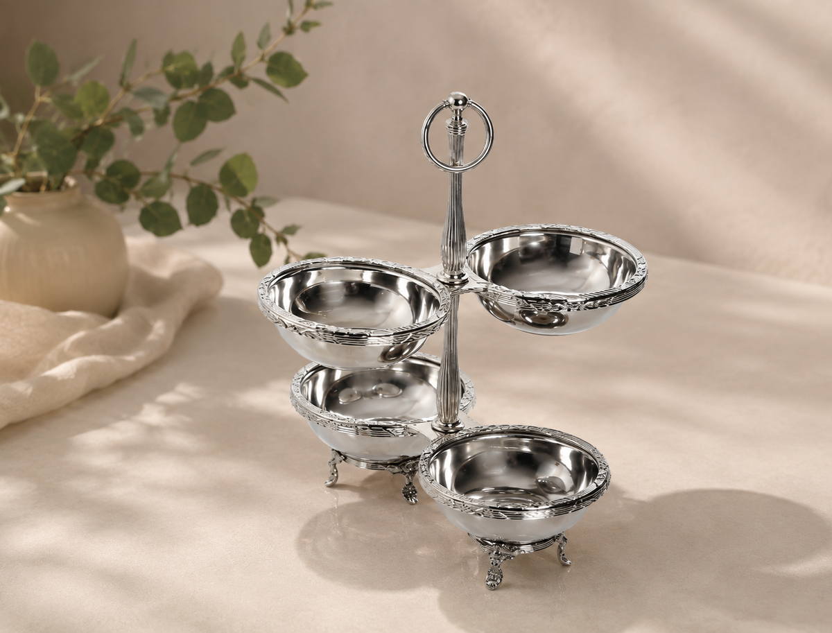 Antique 4 Bowl Snack, Condiment Serving Stand – Gold Silver Vintage