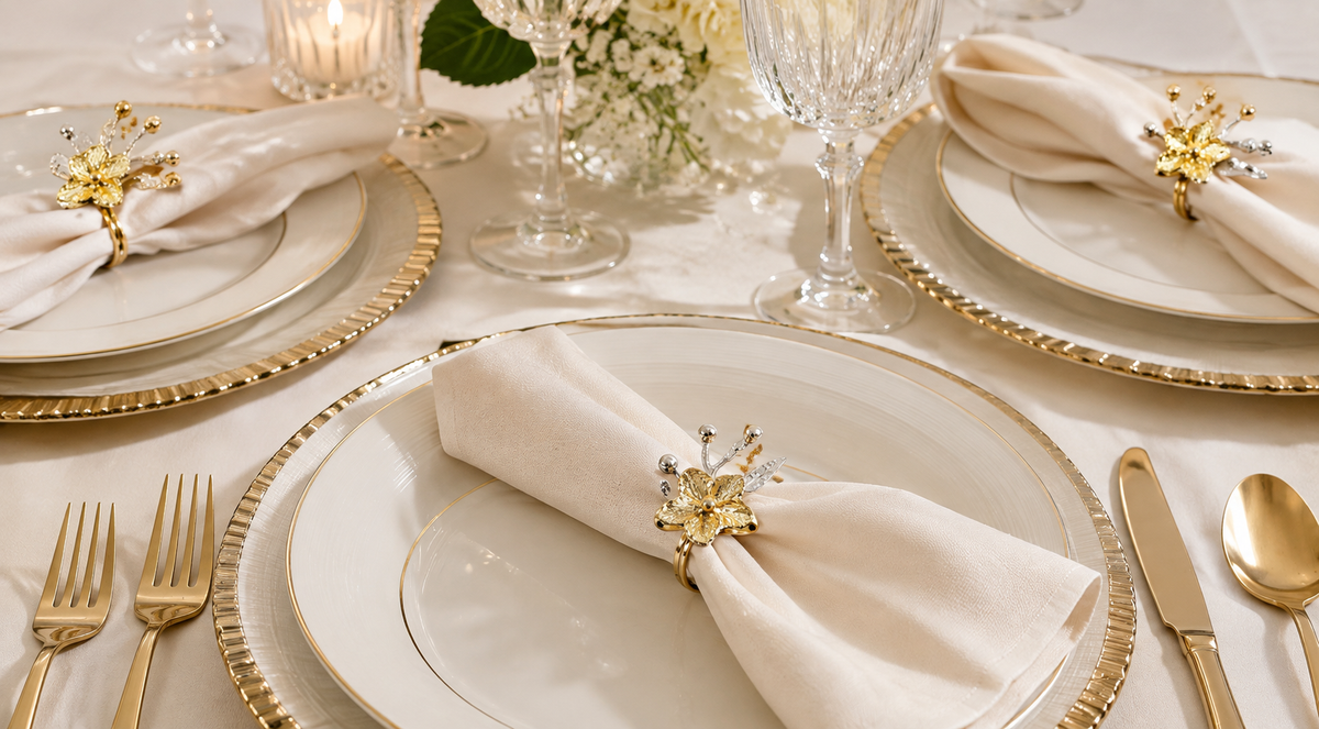 Floral Napkin Rings Set – Gold Silver Table Decor