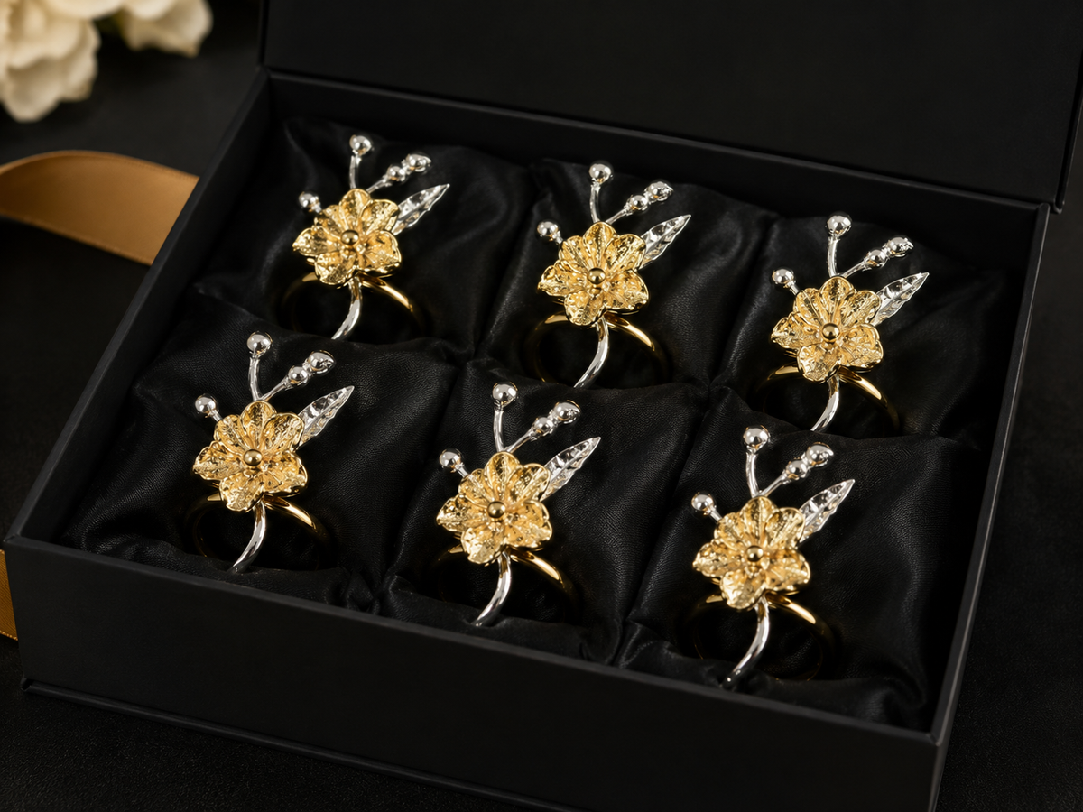 Floral Napkin Rings Set – Gold Silver Table Decor
