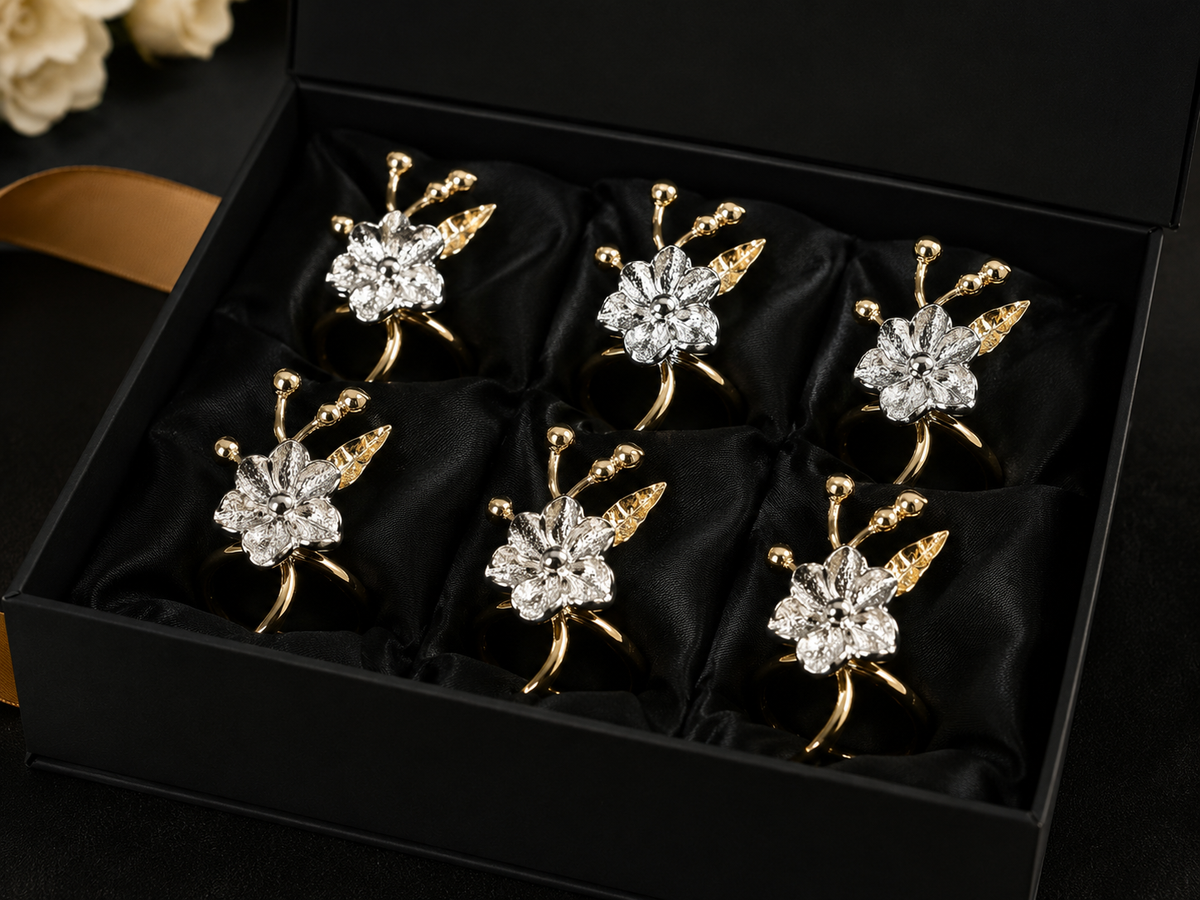 Floral Napkin Rings Set – Gold Silver Table Decor