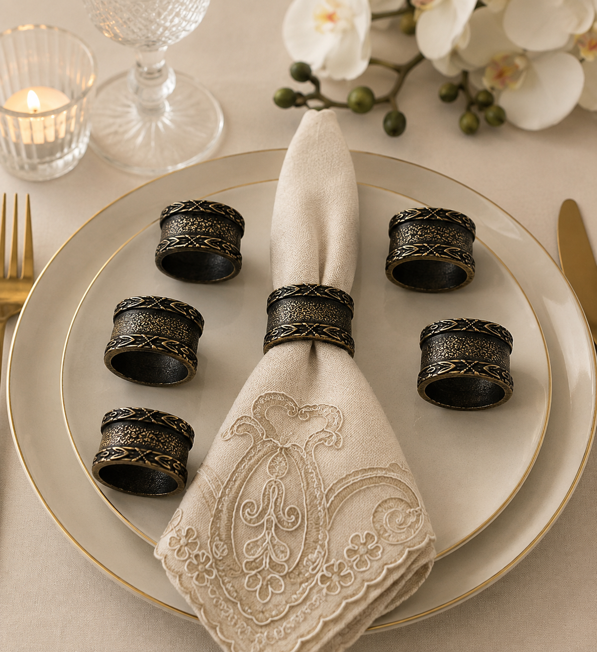 Gothic Antique Napkin Rings Set of 6 Gold, Silver Style Stainless Steel Table Decor