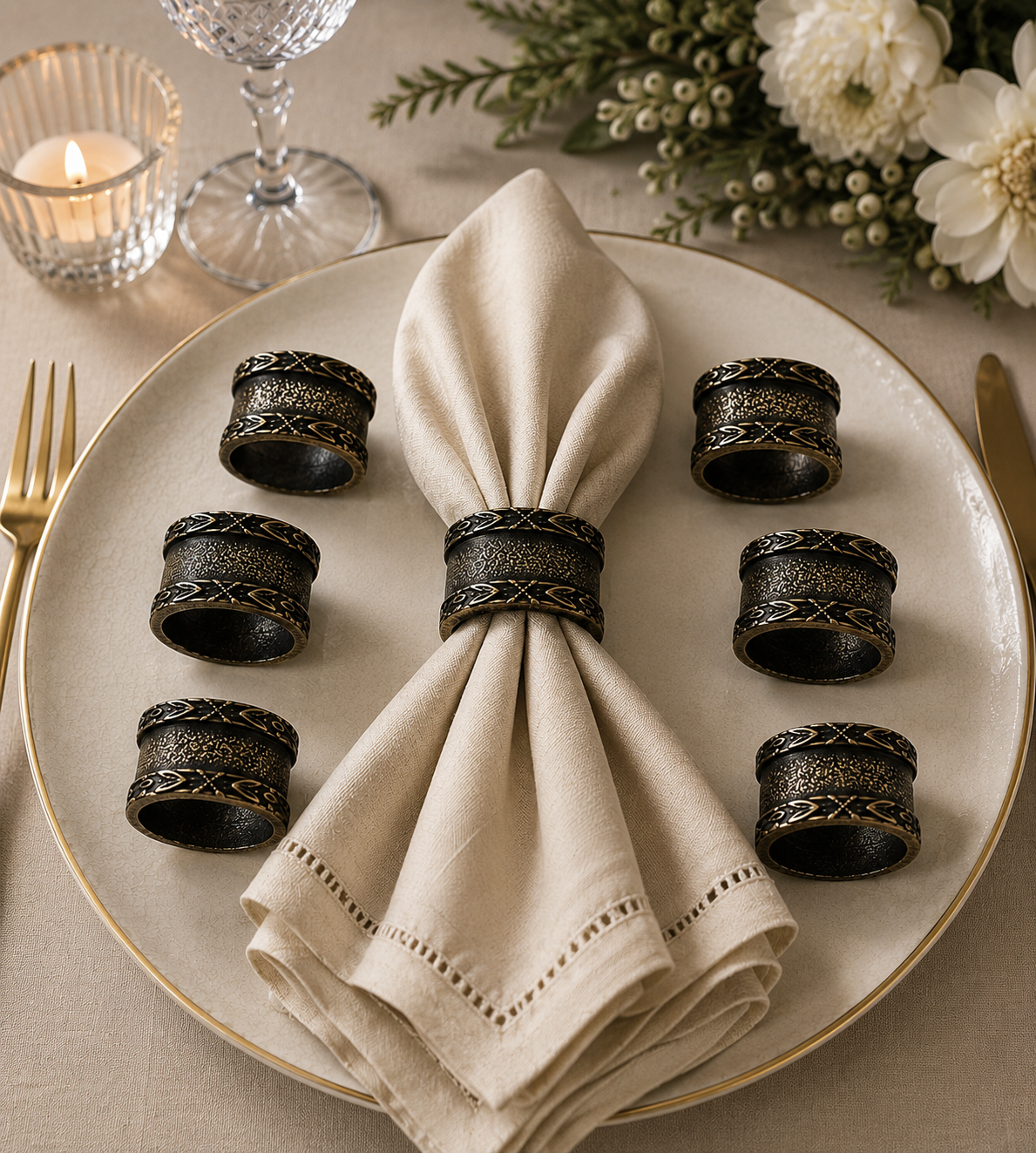 Gothic Antique Napkin Rings Set of 6 Gold, Silver Style Stainless Steel Table Decor