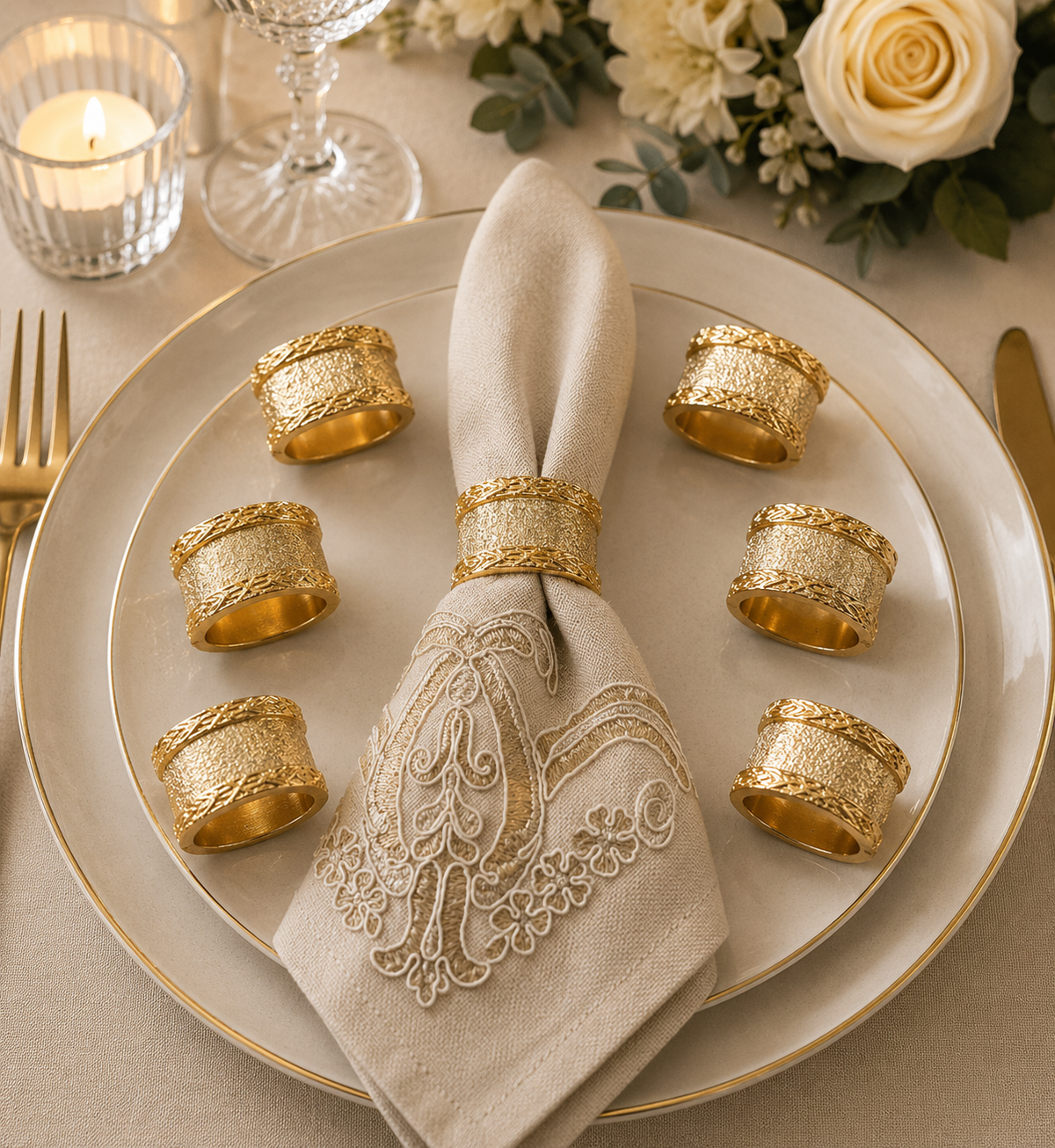 Gothic Antique Napkin Rings Set of 6 Gold, Silver Style Stainless Steel Table Decor