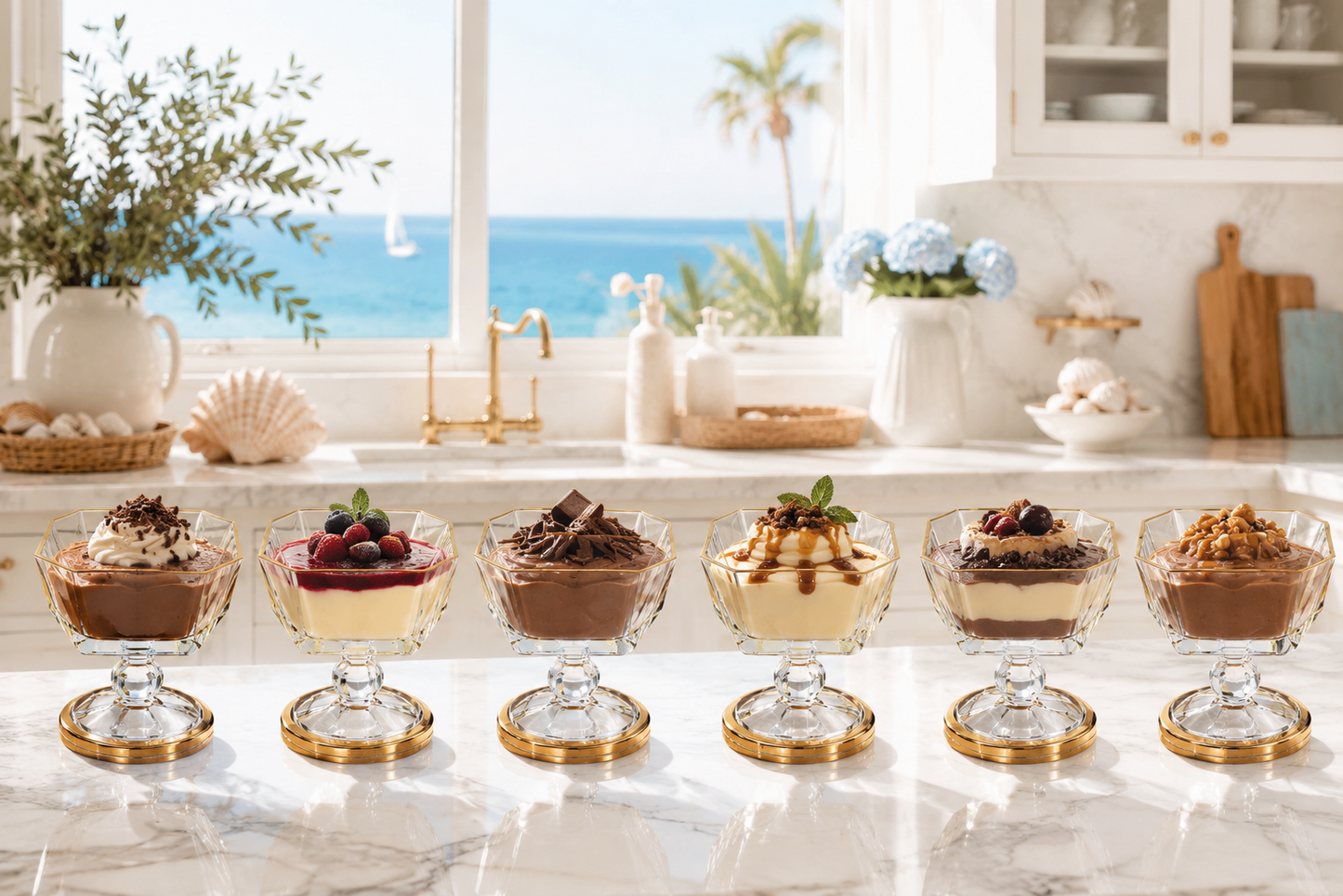 Glass Ice Cream Bowl Set: Gold Pedestal Sundae Serving Dishes, Set of 6