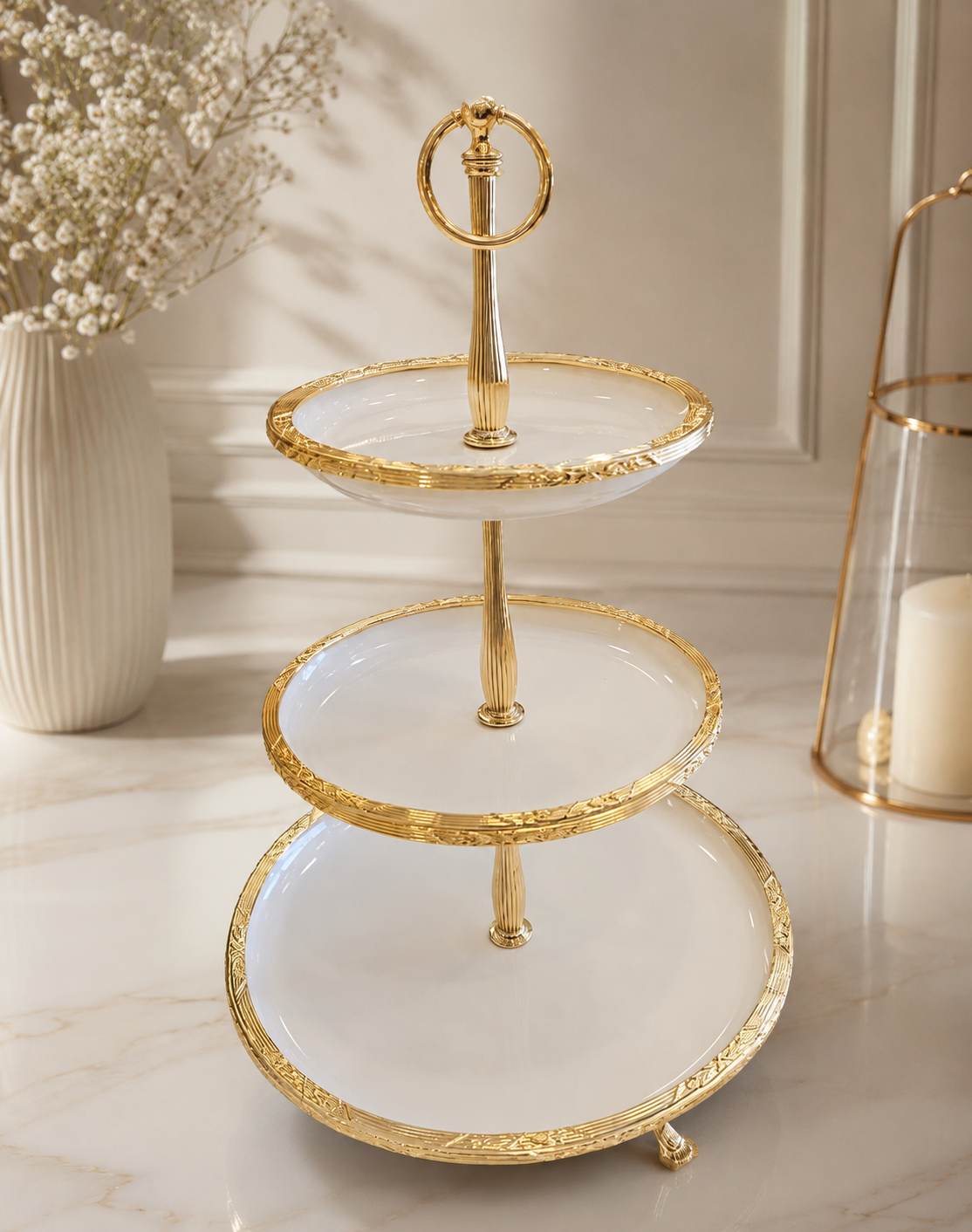 Gold Cake Stand 3 Tier Porcelain Serving Stand Set, Dessert Display, Wedding Buffet, Cupcake Tower, Afternoon Tea Decor