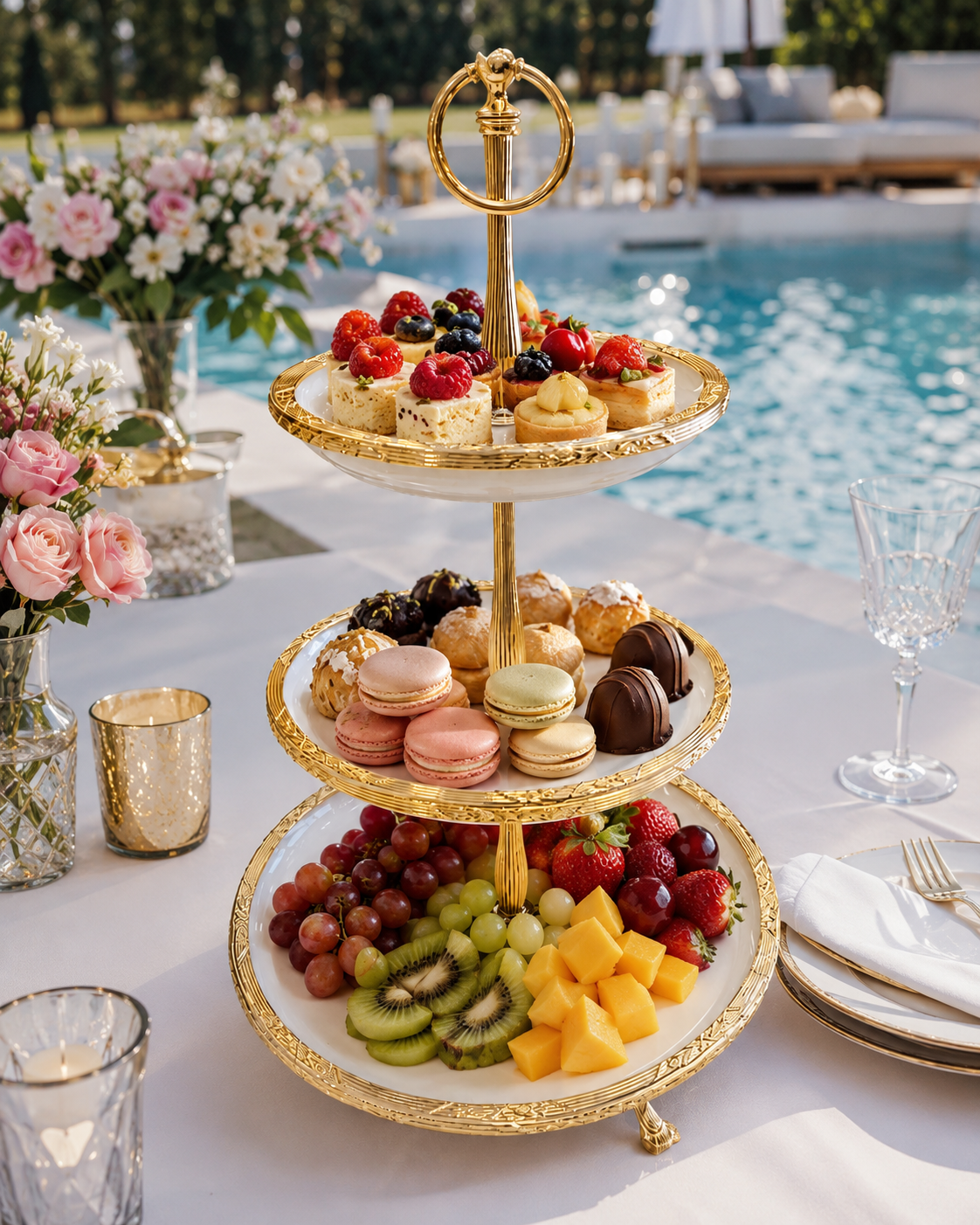 Gold Cake Stand 3 Tier Porcelain Serving Stand Set, Dessert Display, Wedding Buffet, Cupcake Tower, Afternoon Tea Decor