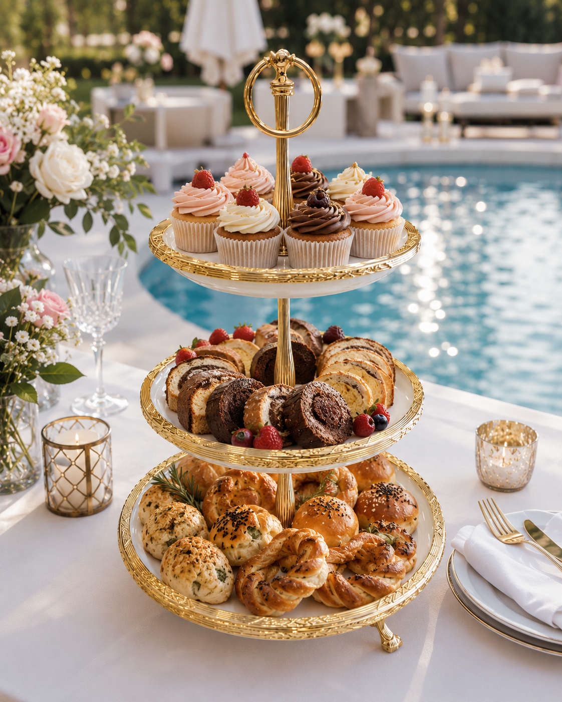 Gold Cake Stand 3 Tier Porcelain Serving Stand Set, Dessert Display, Wedding Buffet, Cupcake Tower, Afternoon Tea Decor