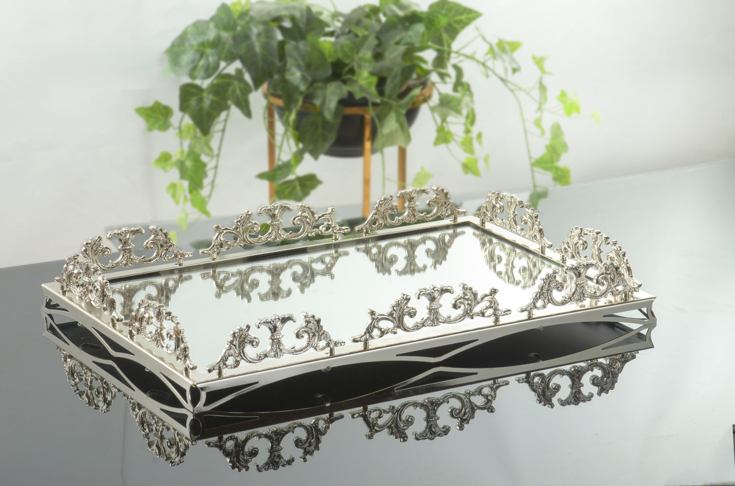Luxury Gold Silver Large Luxury Mirrored Vanity Tray – Ornate Perfume, Jewelry & Bathroom Organizer