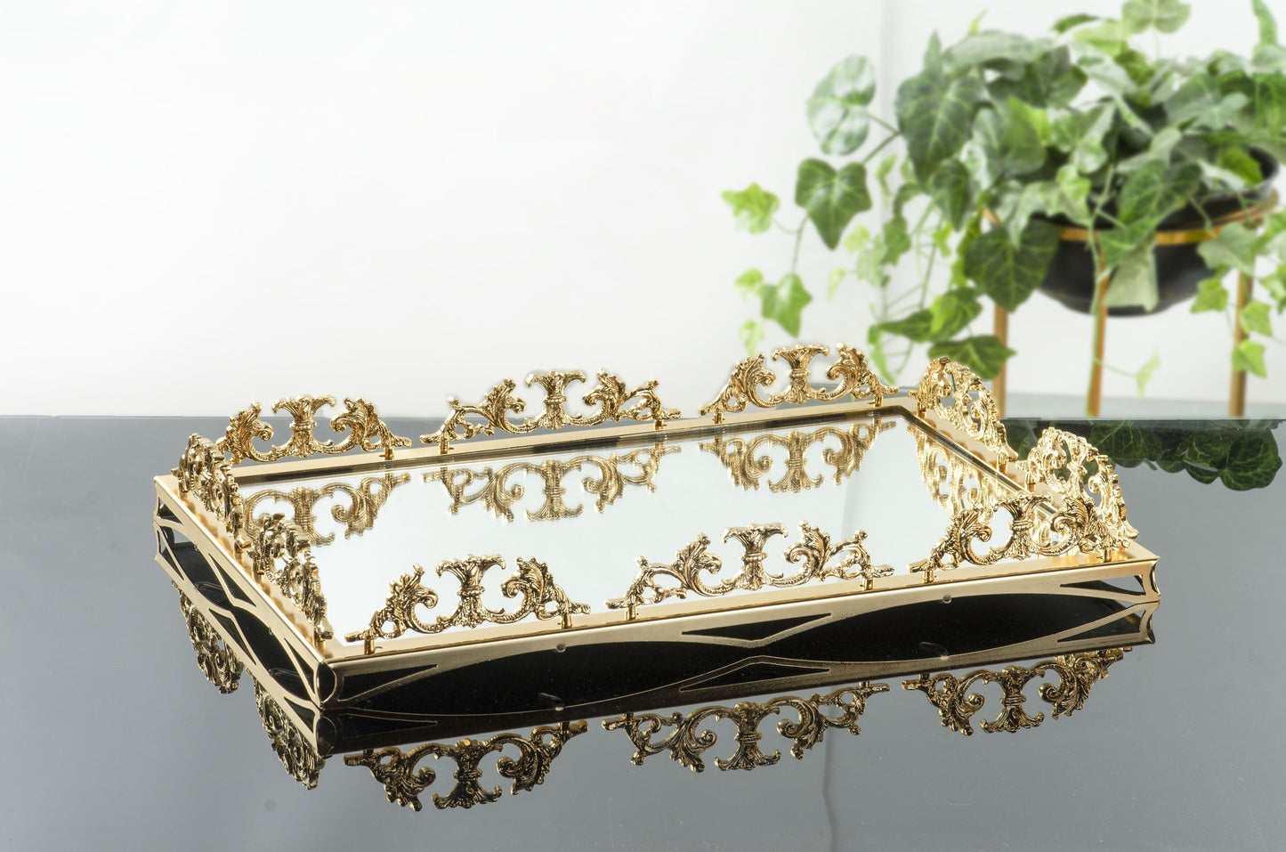 Luxury Gold Silver Large Luxury Mirrored Vanity Tray – Ornate Perfume, Jewelry & Bathroom Organizer