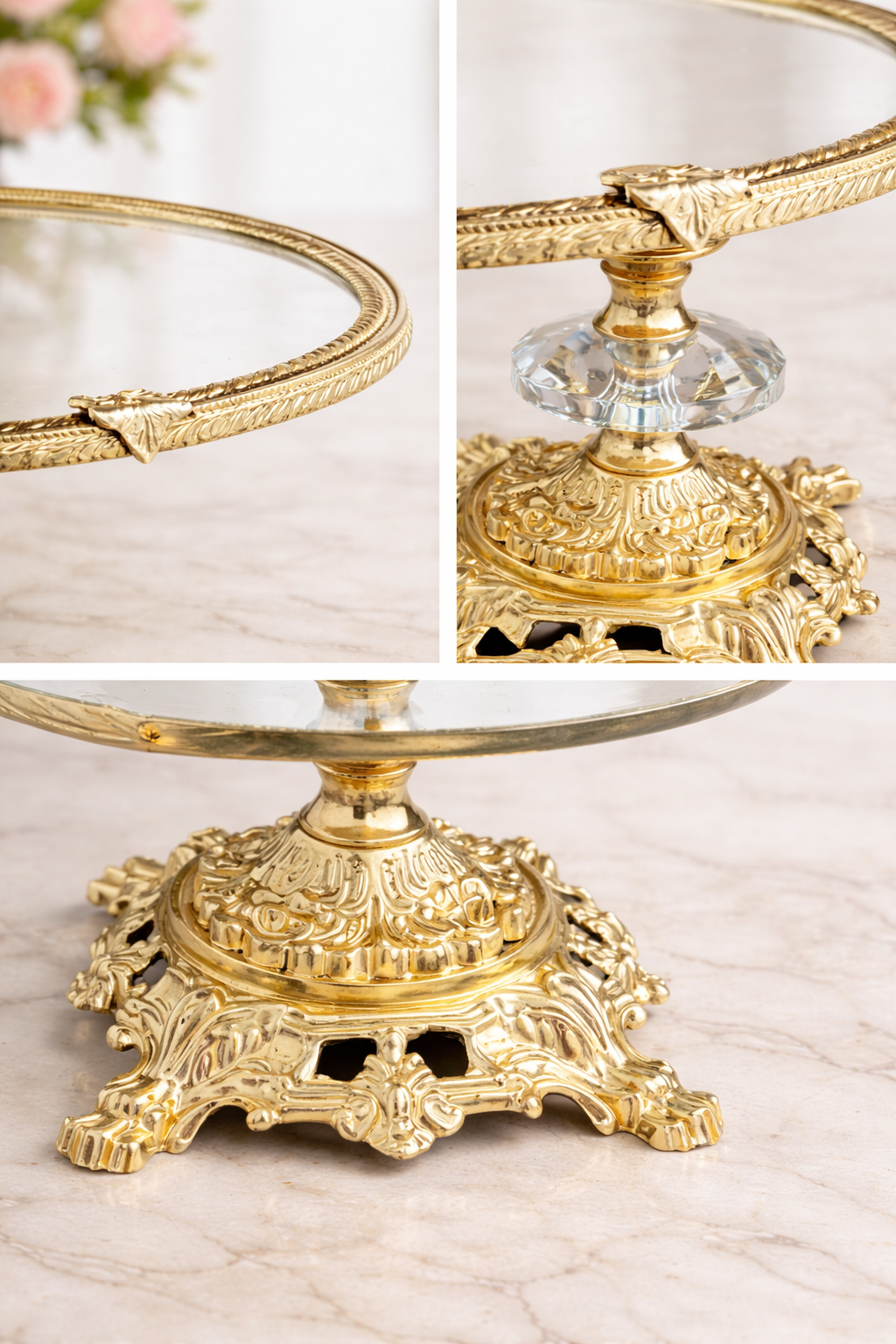 Gold Glass Cake Stand 11.4 in (29 cm) | Ornate Pedestal Display Stand for Desserts & Pastries