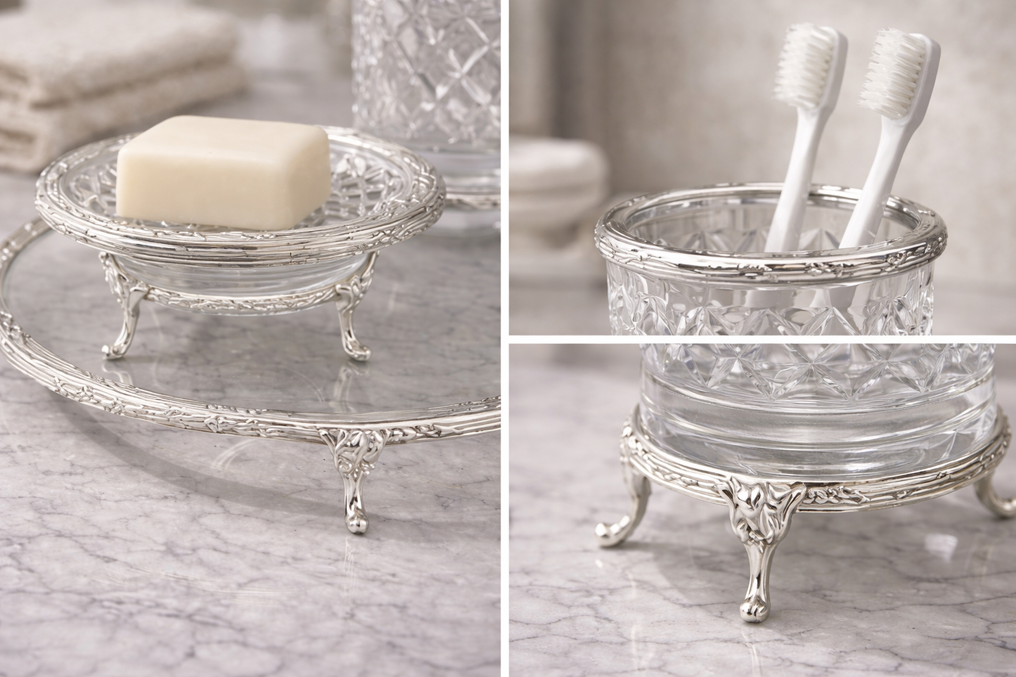 Silver Luxury 4 Piece Bathroom Accessory Set | Crystal Glass with Ornate Metal Stand | Soap Dispenser, Dish, Toothbrush Holder & Tray