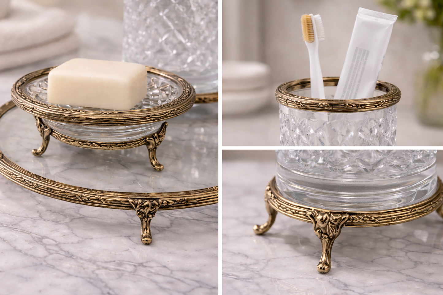 Luxury Antique 4 Piece Bathroom Accessory Set | Crystal Glass with Ornate Metal Stand | Soap Dispenser, Dish, Toothbrush Holder & Tray