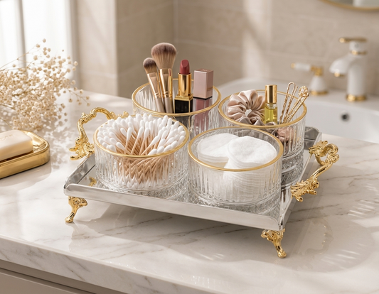 Luxury Crystal Glass Bathroom Organizer Set with Gold Tray | Vanity Storage & Spa Bathroom Decor