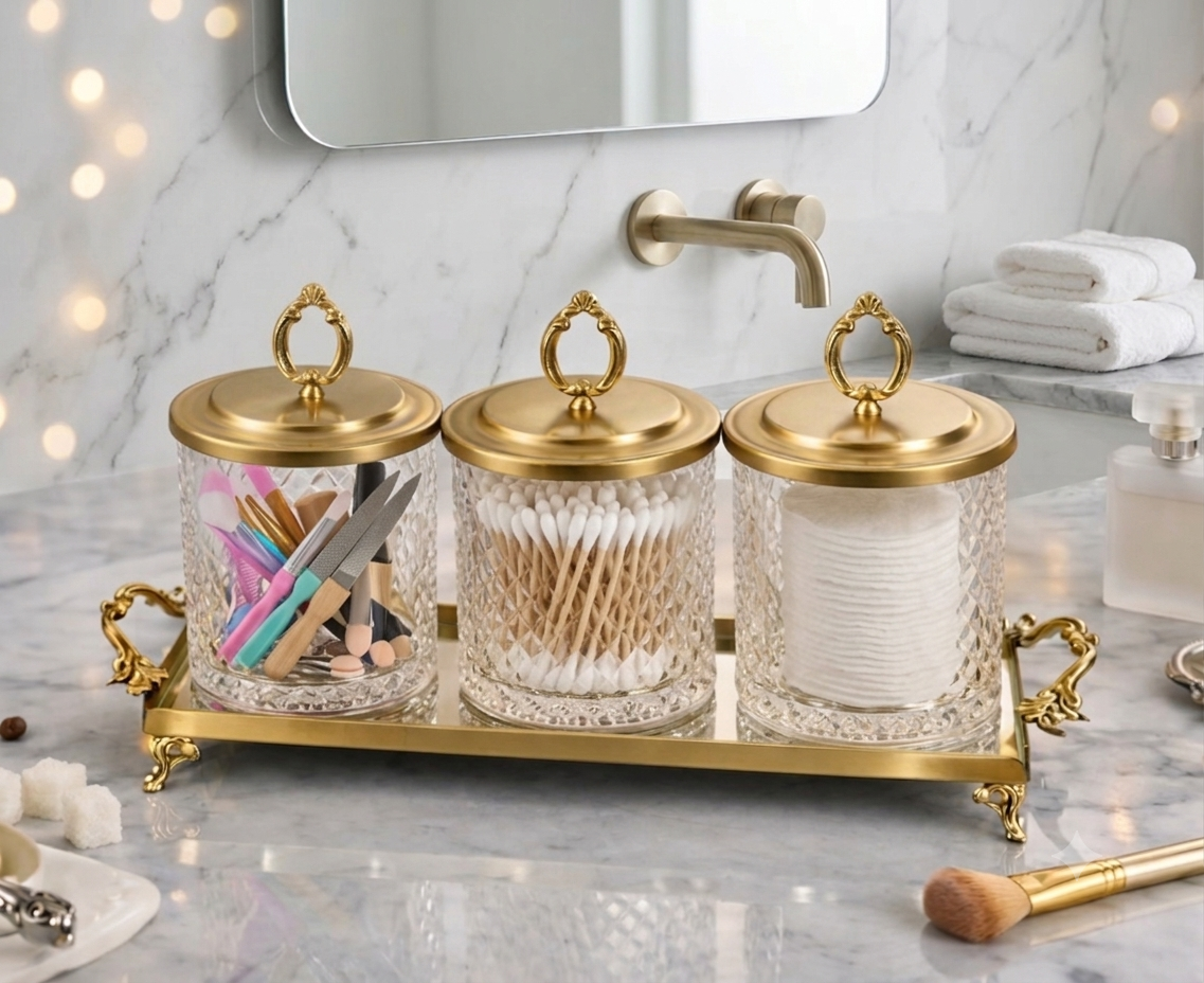 Luxury Bathroom Organizer Set, Crystal Glass Canisters with Tray, Vanity Storage Jars, Bathroom Decor