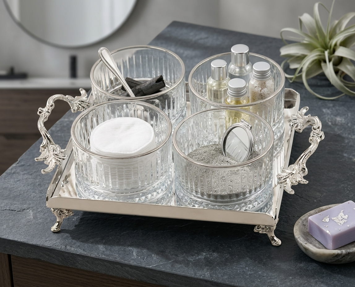 Luxury Crystal Glass Bathroom Organizer Set with Gold Tray | Vanity Storage & Spa Bathroom Decor