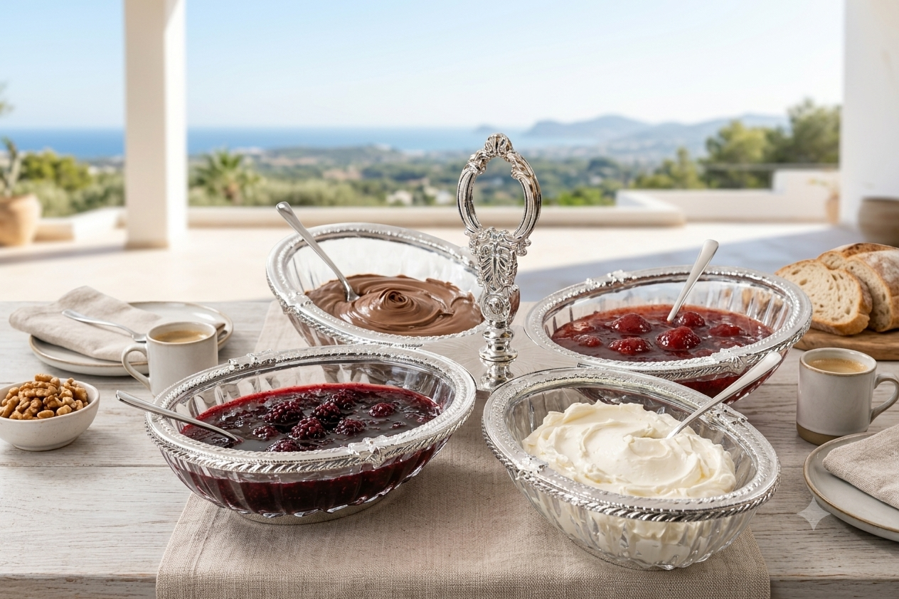 Breakfast Serving Glass Dish 4 Bowl, Ottoman Style, Condiment Bowl Set for Jam, Honey, Brunch and Entertaining