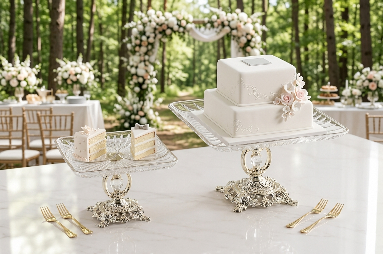Gold Crystal Glass Cake Stand – Luxury Square Dessert & Wedding Cake Display