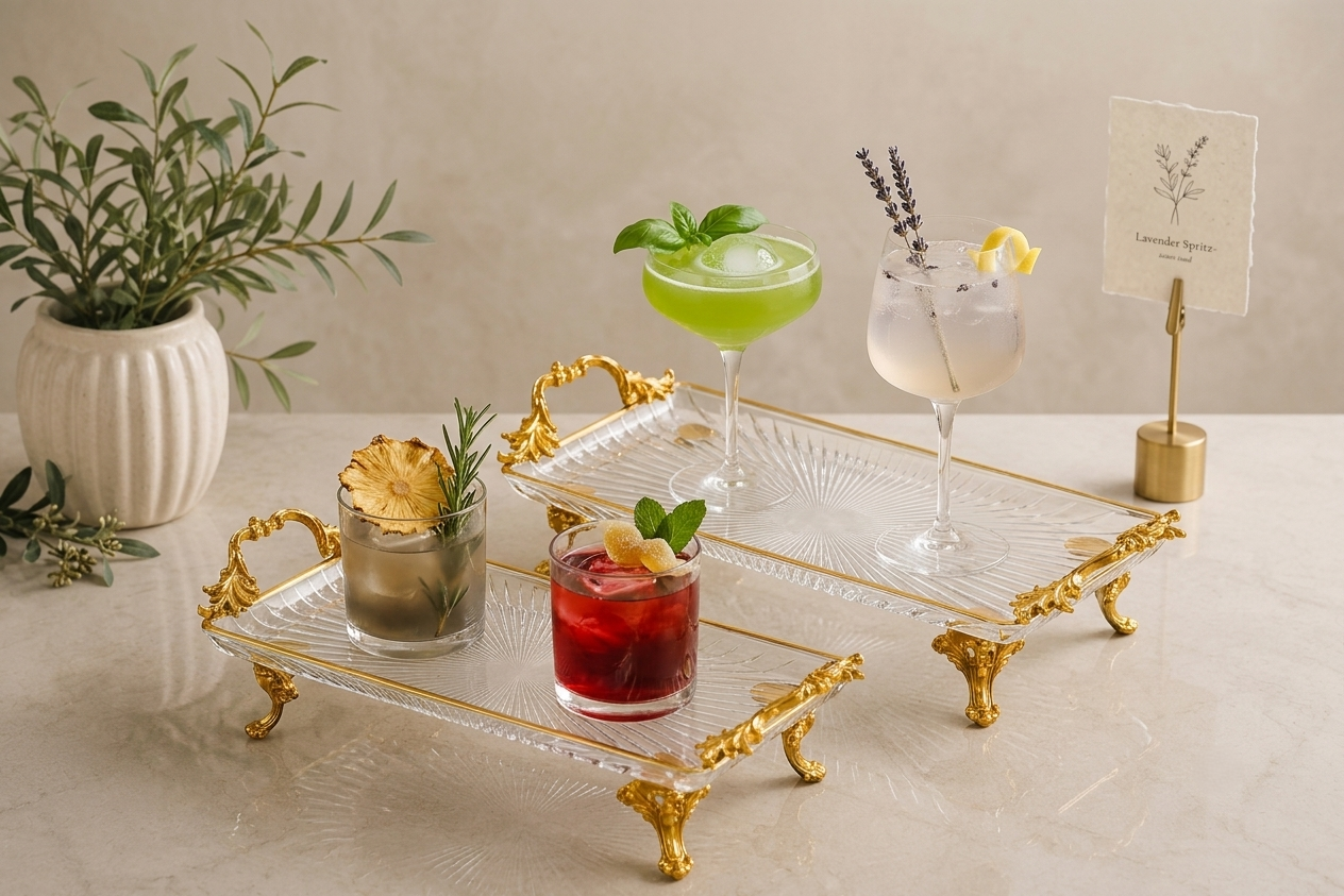 Luxury Glass Serving Tray, Decorative Gold Handles, Kitchen Counter Organizer