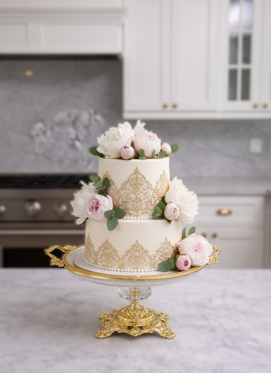 Gold Vintage Pedestal Wedding Cake Stand, Porcelain Dessert Display, 30 cm