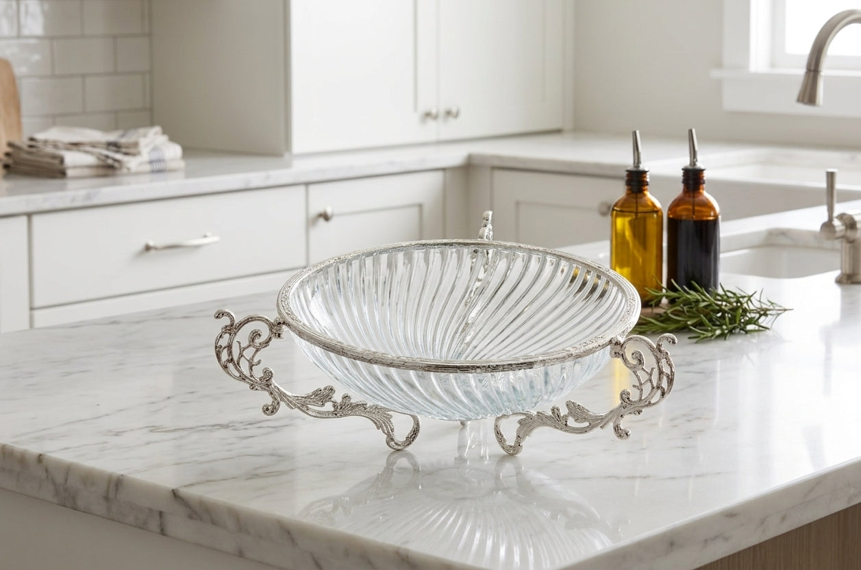 Silver Gold Glass Serving Bowl Metal Stand, Decorative Centerpiece, Wedding Gift Decor
