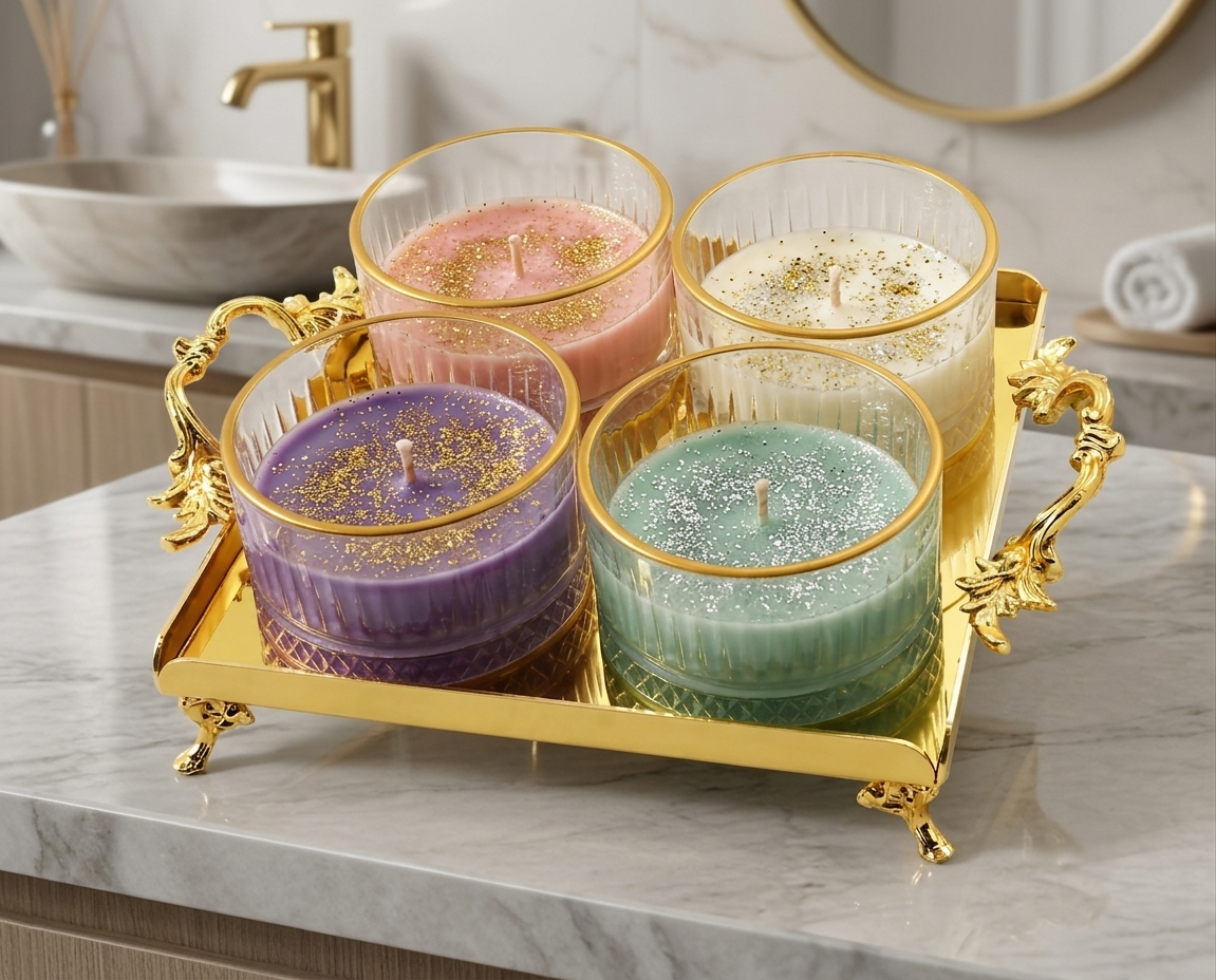 Luxury Crystal Glass Bathroom Organizer Set with Gold Tray | Vanity Storage & Spa Bathroom Decor