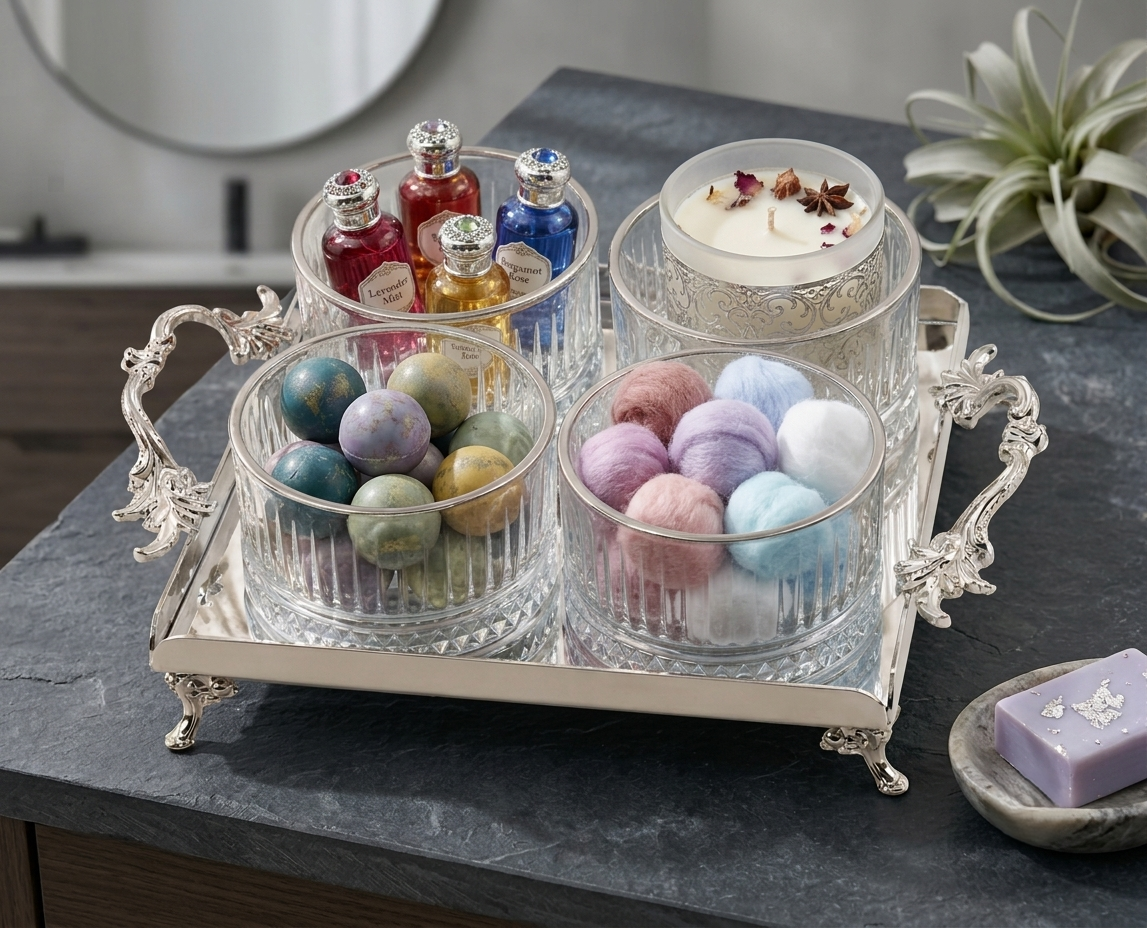 Luxury Crystal Glass Bathroom Organizer Set with Gold Tray | Vanity Storage & Spa Bathroom Decor