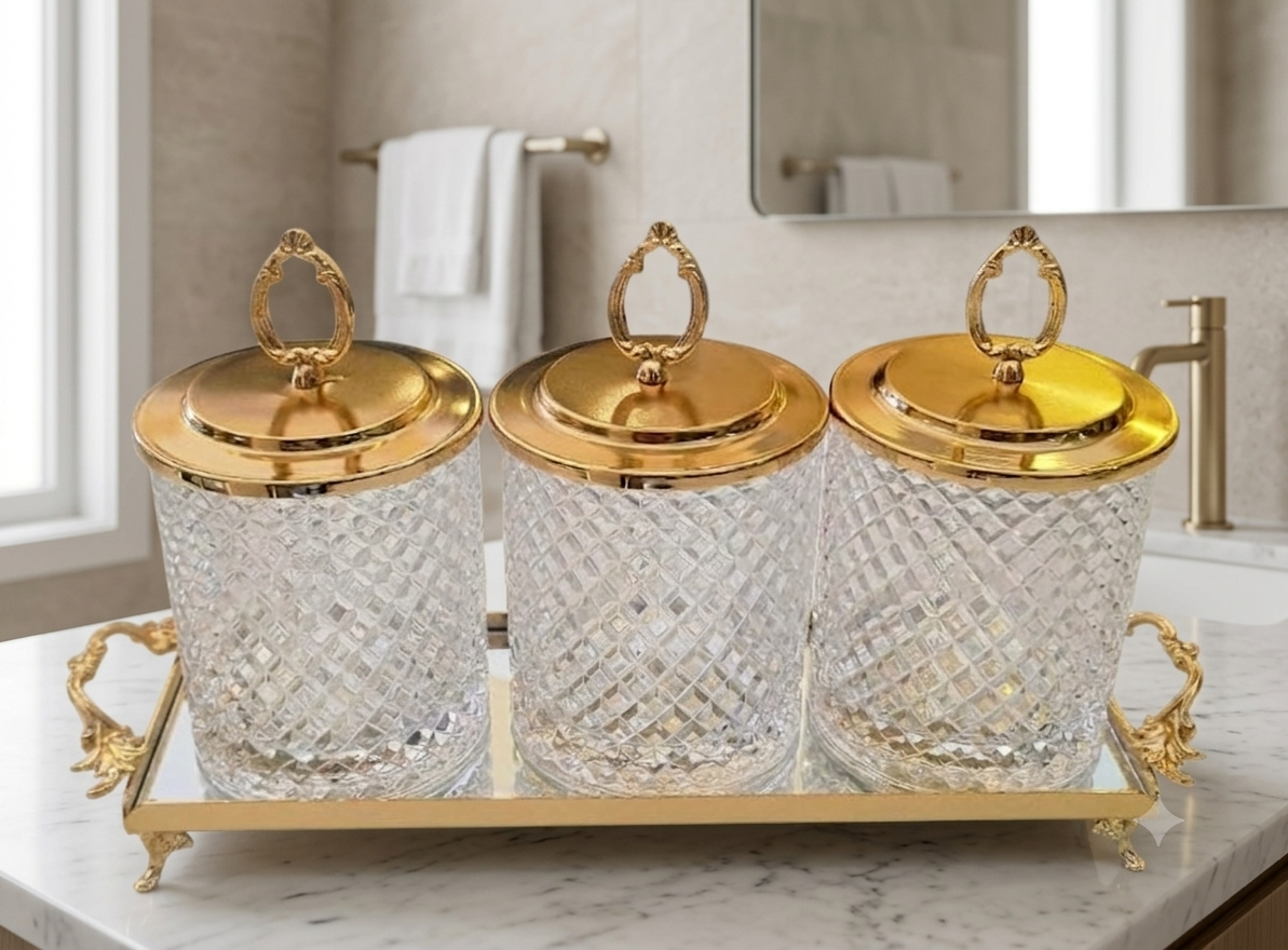 Luxury Bathroom Organizer Set, Crystal Glass Canisters with Tray, Vanity Storage Jars, Bathroom Decor