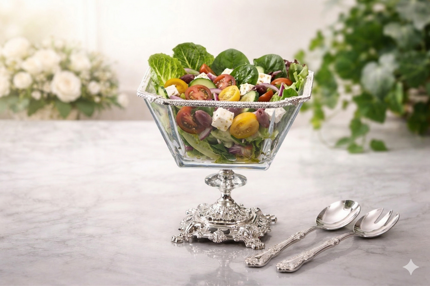 Gold Glass Salad Bowl with Silver Metal Pedestal, Luxury Serving Dish, 2 Liter
