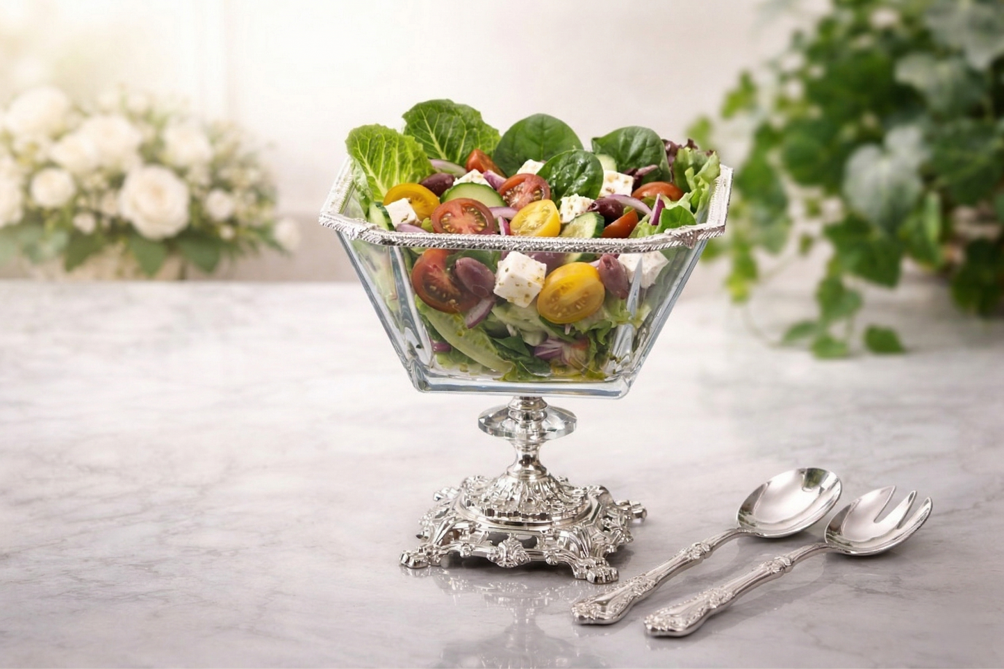 Gold Glass Salad Bowl with Silver Metal Pedestal, Luxury Serving Dish, 2 Liter