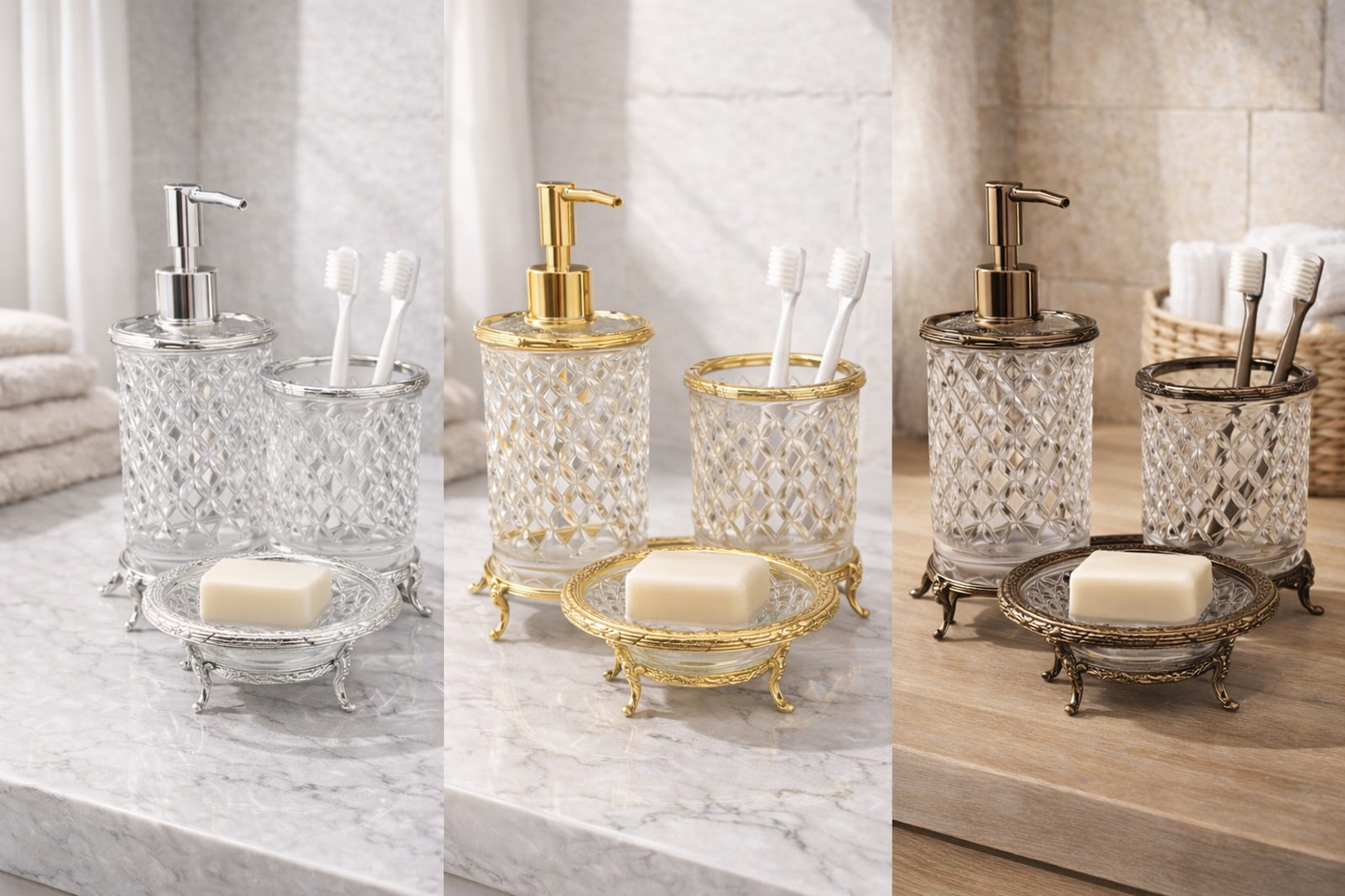 Silver Luxury 4 Piece Bathroom Accessory Set | Crystal Glass with Ornate Metal Stand | Soap Dispenser, Dish, Toothbrush Holder & Tray