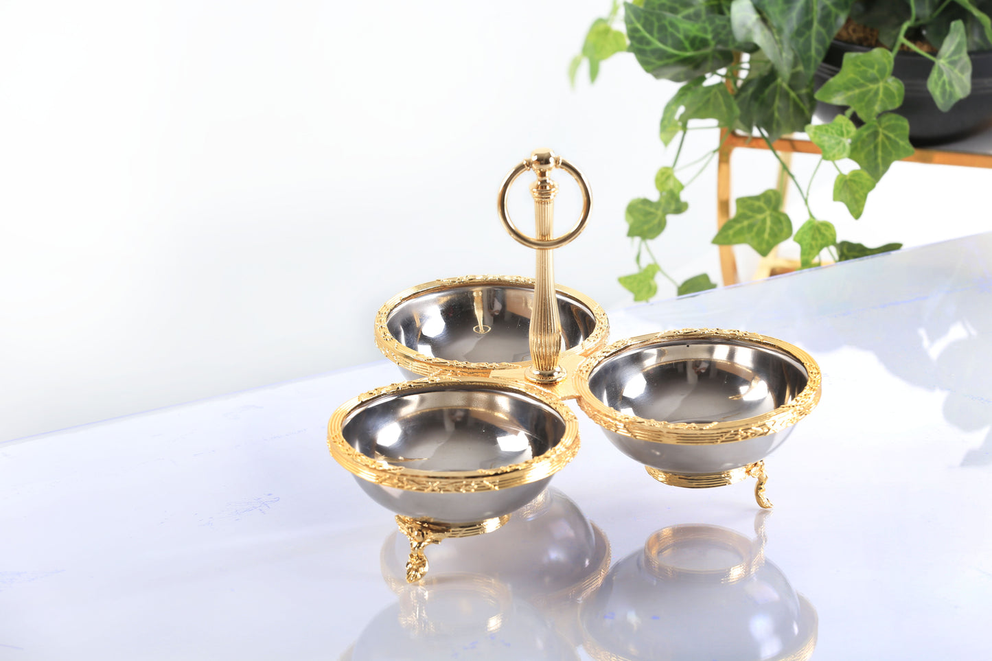Triple Candy Dish with Handle | Antique Footed Serving Bowl