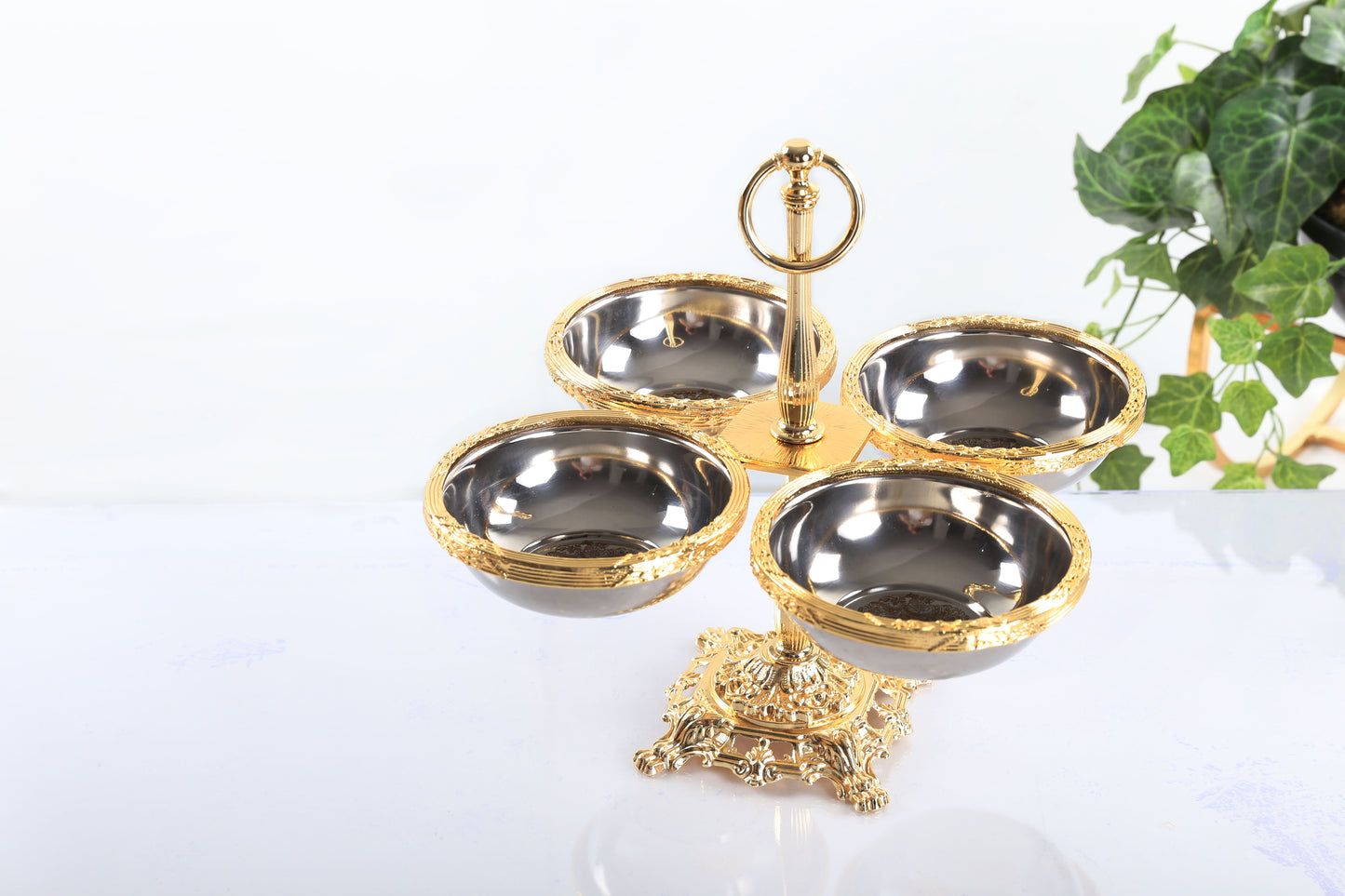 Quadruple Candy Dish with Handle | Gold Pedestal Serving Bowl