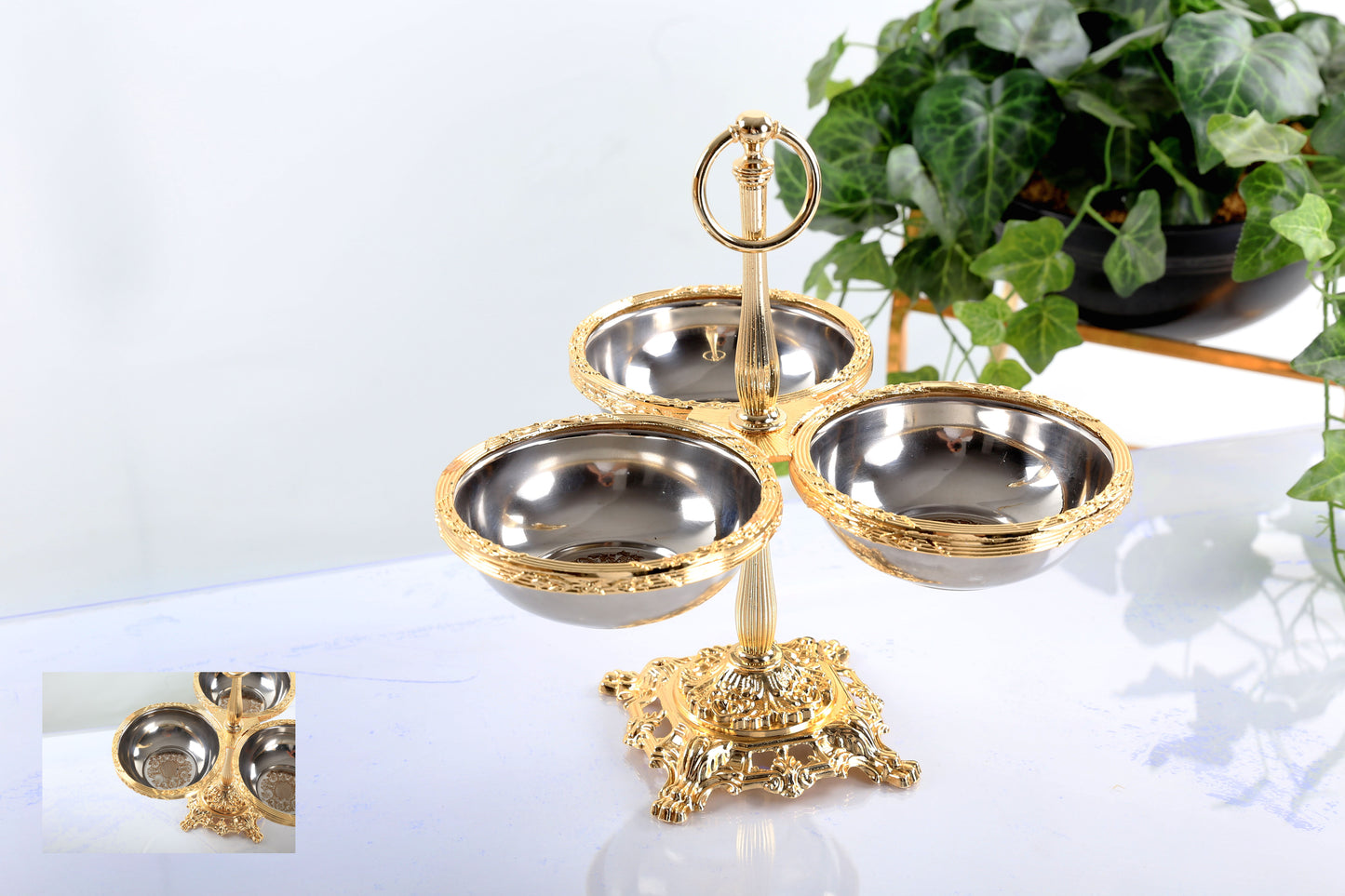 Triple Candy Dish with Handle | Antique Pedestal Serving Bowl
