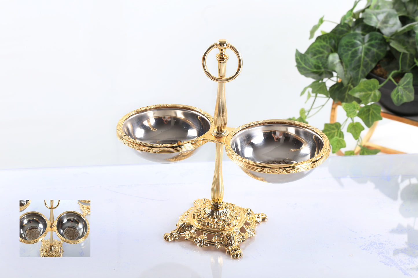 Double Candy Dish with Handle | Gold Pedestal Serving Bowl