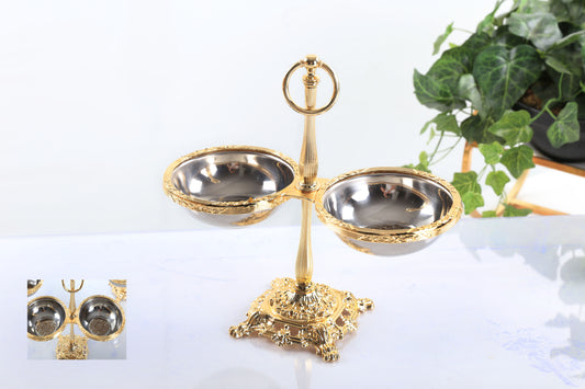 Double Candy Dish with Handle | Gold Pedestal Serving Bowl