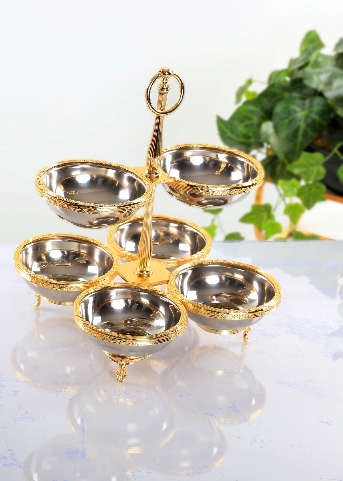 Antique 6 Bowl Snack, Condiment Serving Stand – Gold Silver Vintage