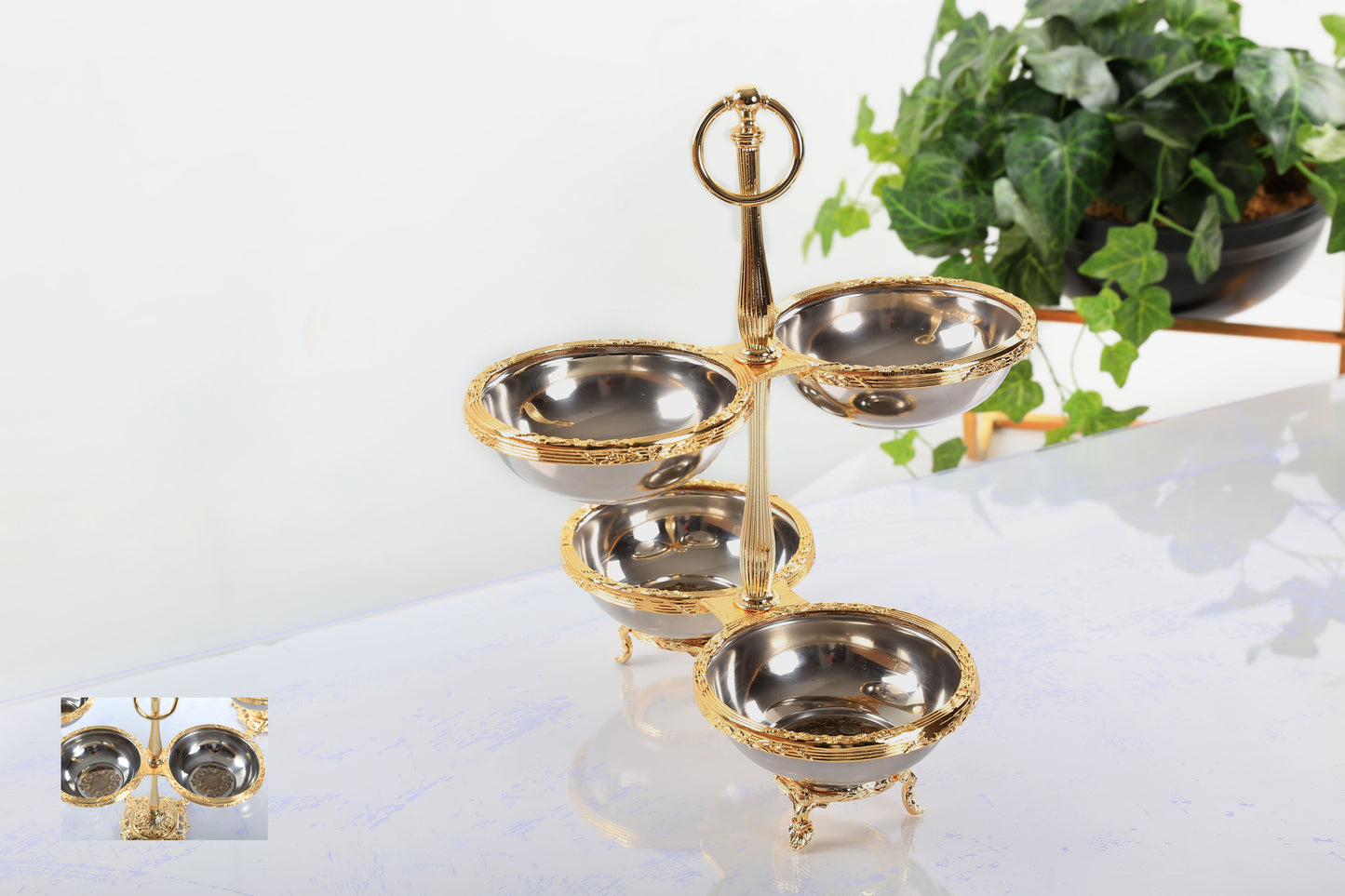 Silver Quadruple Candy Dish with Handle | Pedestal Serving Bowl