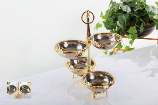 Gold Quadruple Candy Dish with Handle | Pedestal Serving Bowl