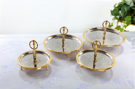 Gold Serving Tray with Handle | Vintage Round Dessert & Tea Tray