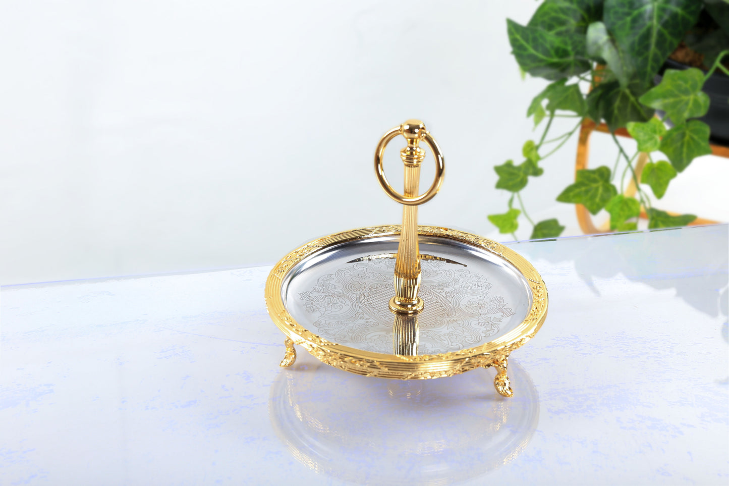 Silver Serving Tray with Handle | Vintage Round Dessert & Tea Tray