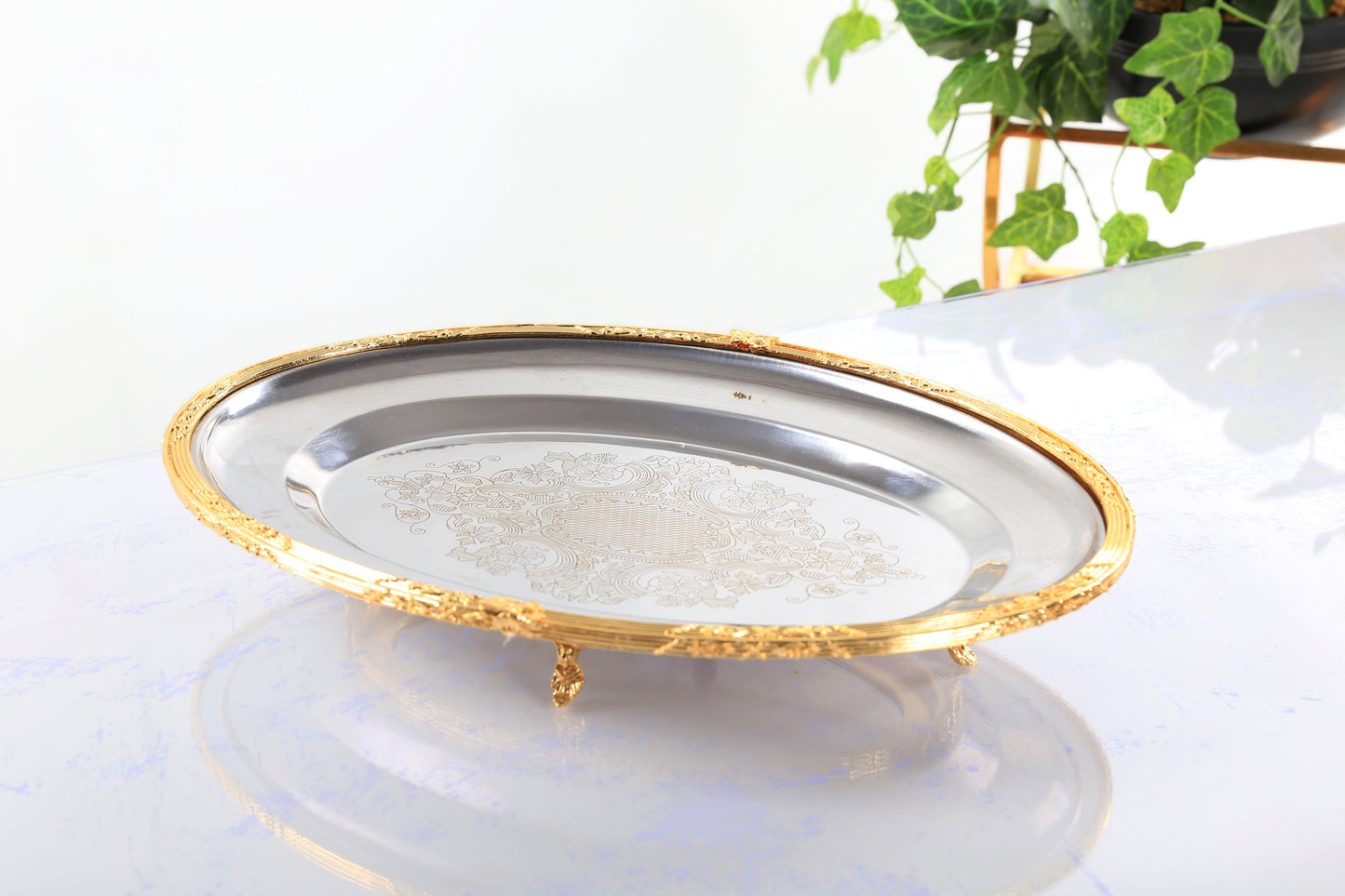 Antique Footed Serving Tray | Oval Decorative Platter